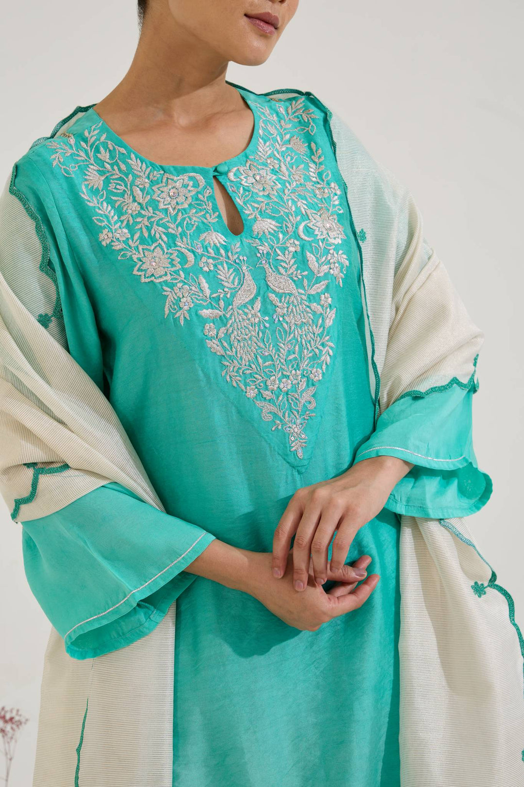 Aqua Green Zari Kurta with Farsi Salwar and Dupatta - Set of 3