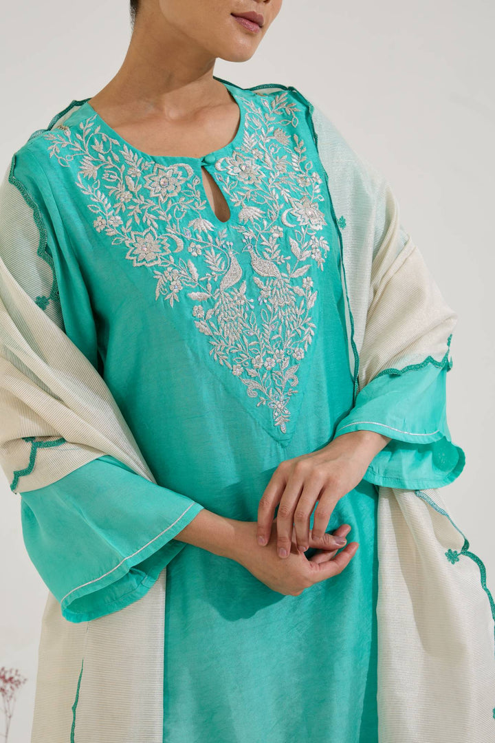 Aqua Green Zari Kurta with Farsi Salwar and Dupatta - Set of 3