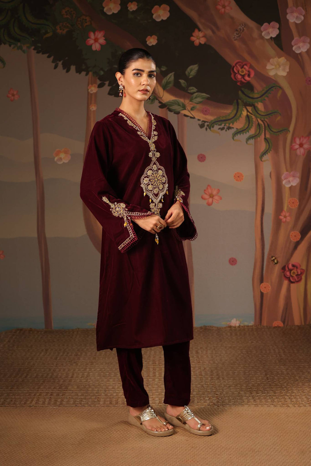 Wine Dori Embroidered Kurta with Narrow Pants and Dupatta - Set of 3