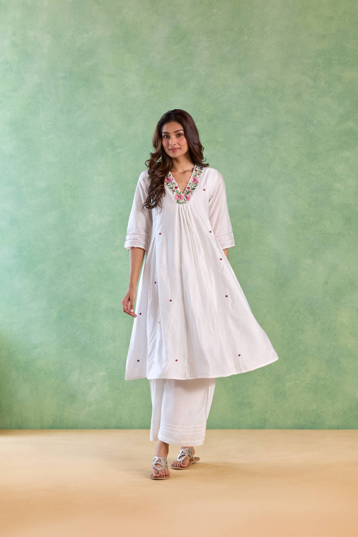 Red Petal Embroidered Kurta with Wide-Leg Pants - Set of 2