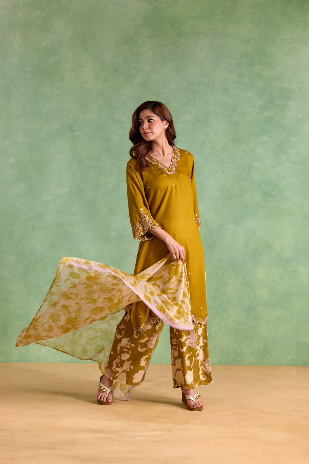 Olive Gold Scallop Kurta with Flared Pants and Dupatta - Set of 3
