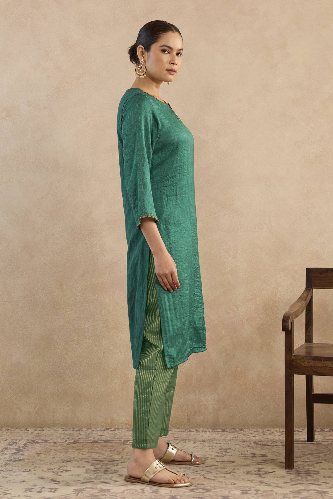 Emerald Rose Charm Silk Chanderi Kurta with Narrow Pants - Set of 2