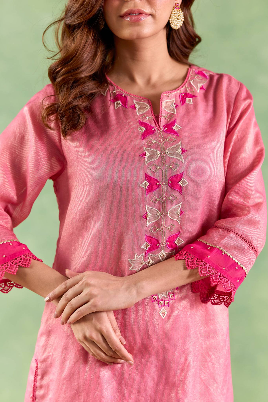 Fuchsia Pink Applique Kurta with Narrow Pants and Dupatta - Set of 3