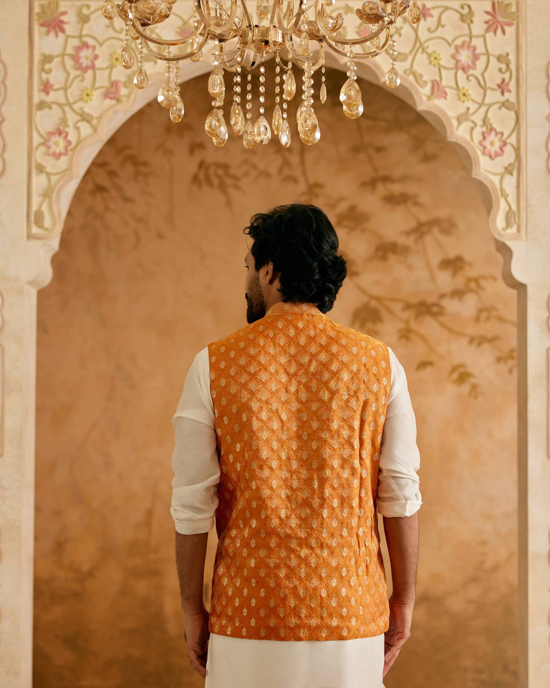 Orange Brocade Nehru Jacket