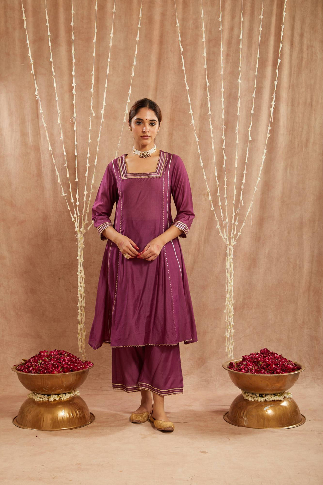 Iris Purple Gota Kurta with Narrow Pants and Dupatta - Set of 3