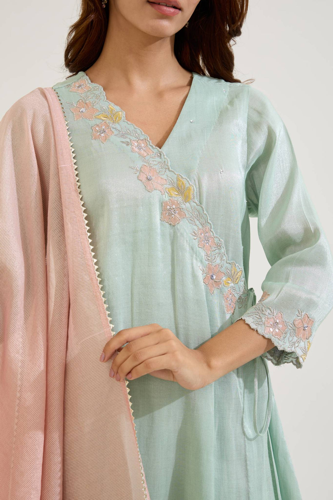 Mint Floral Zari Dupatta