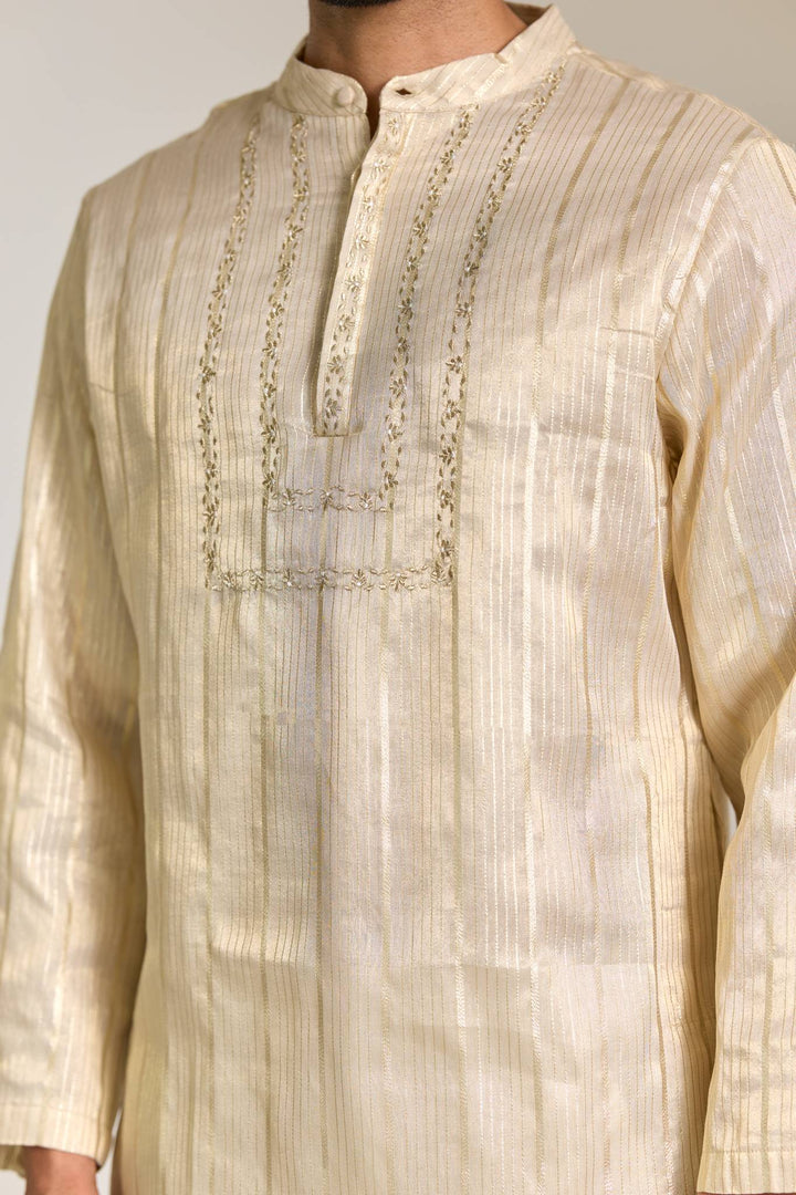Gold Zari Yoke Stripe Embroidered Kurta with Narrow Pants