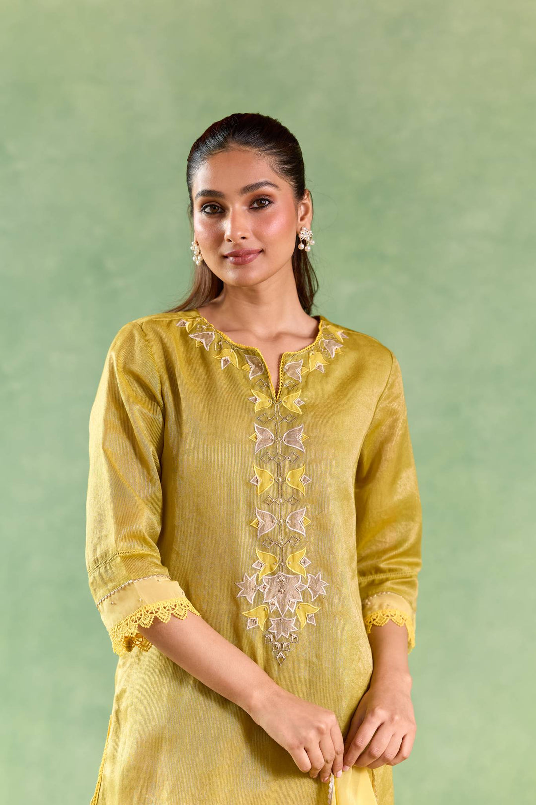 Moss Yellow Applique Kurta with Narrow Pants and Dupatta - Set of 3