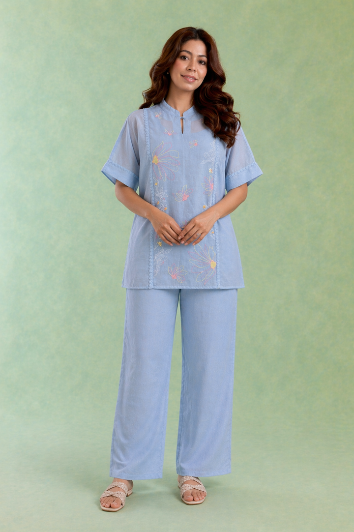 Blue Charm Embroidered Mul Chanderi Top