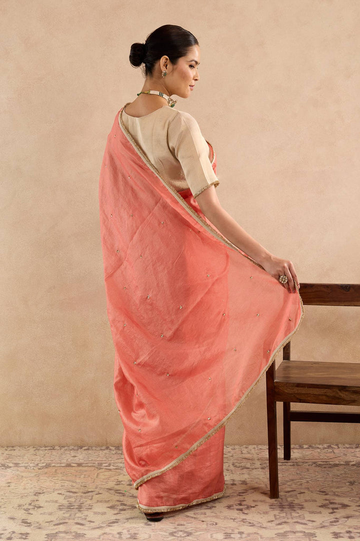 Red Gold Sequins Chanderi Stripe Saree