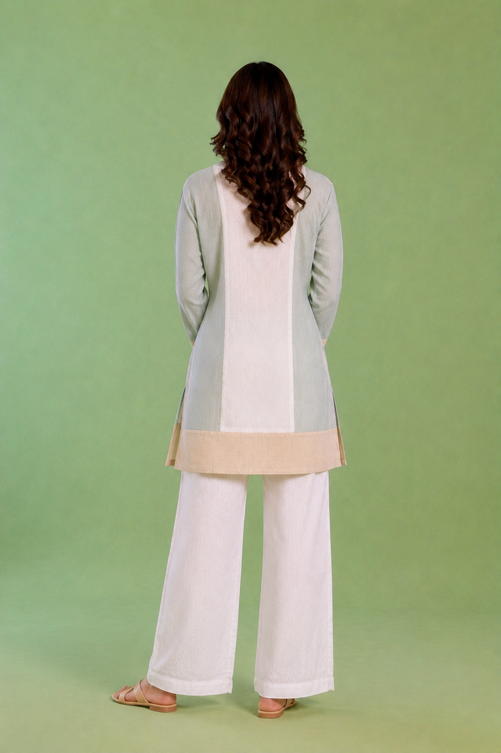 White Colourblock Handloom Cotton Co-ord Set