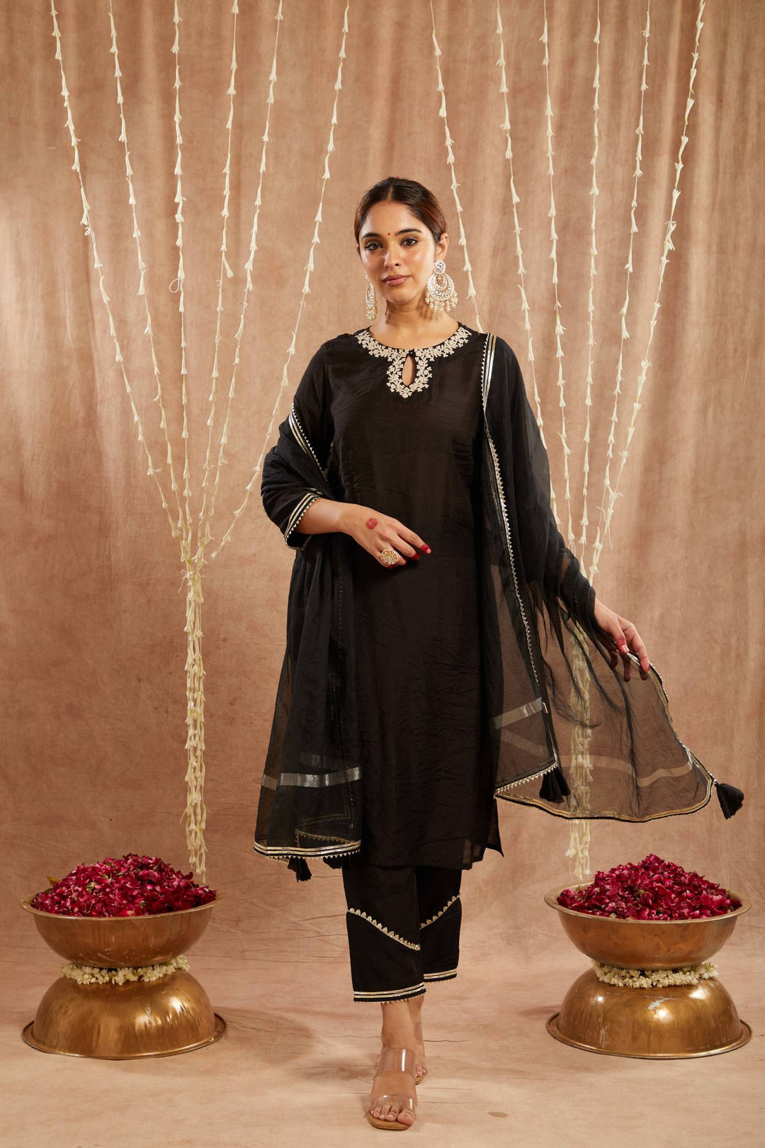 Black Dori Chanderi Kurta with Narrow Pants and Dupatta - Set of 3