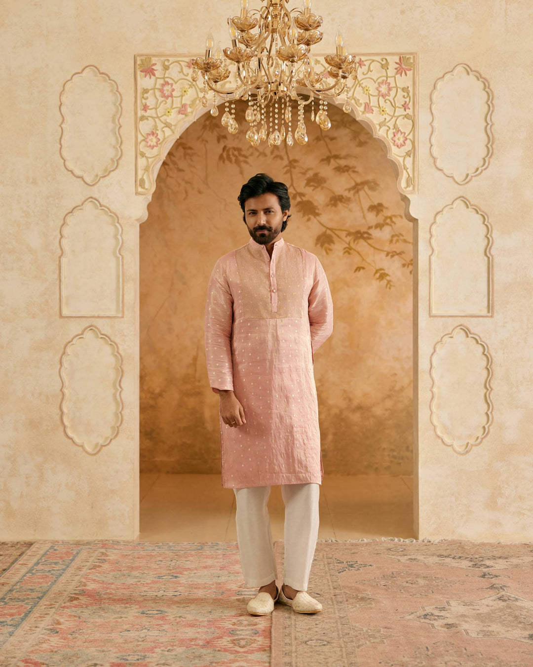 Peach Zari Brocade Kurta with Narrow Pants - Set of 2