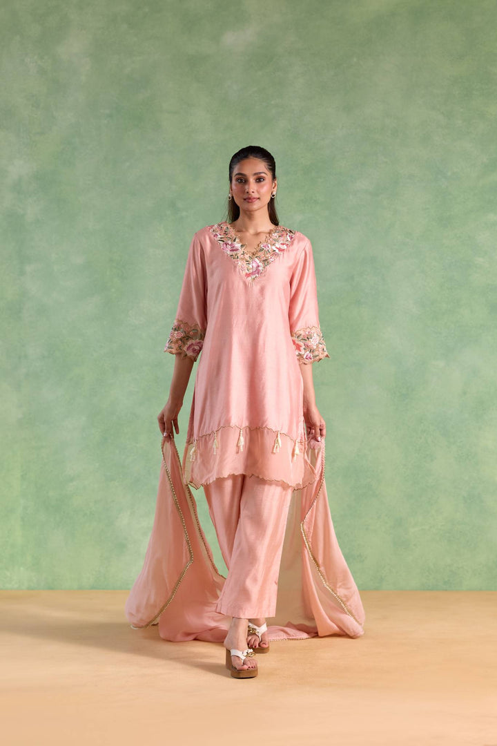Soft Rose Embroidered Chanderi Kurta with Flared Pants and Dupatta - Set of 3