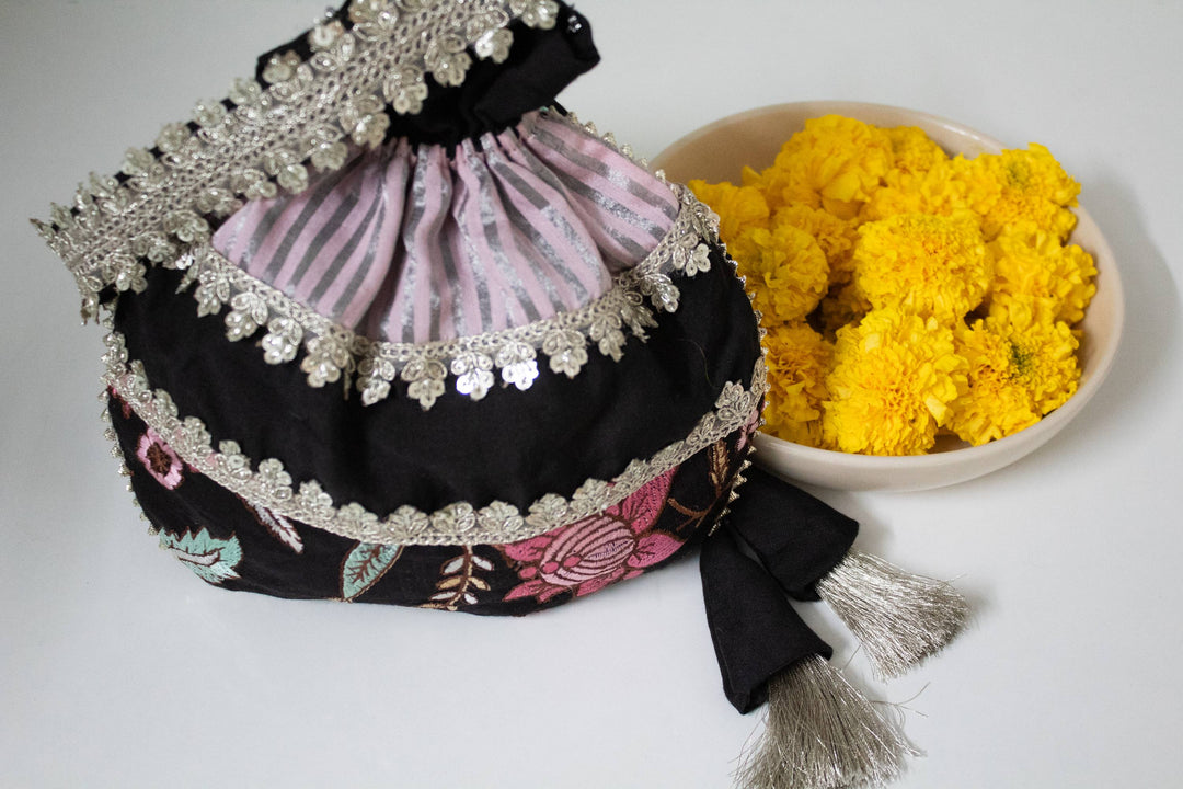 Black Orchid Embroidered Potli