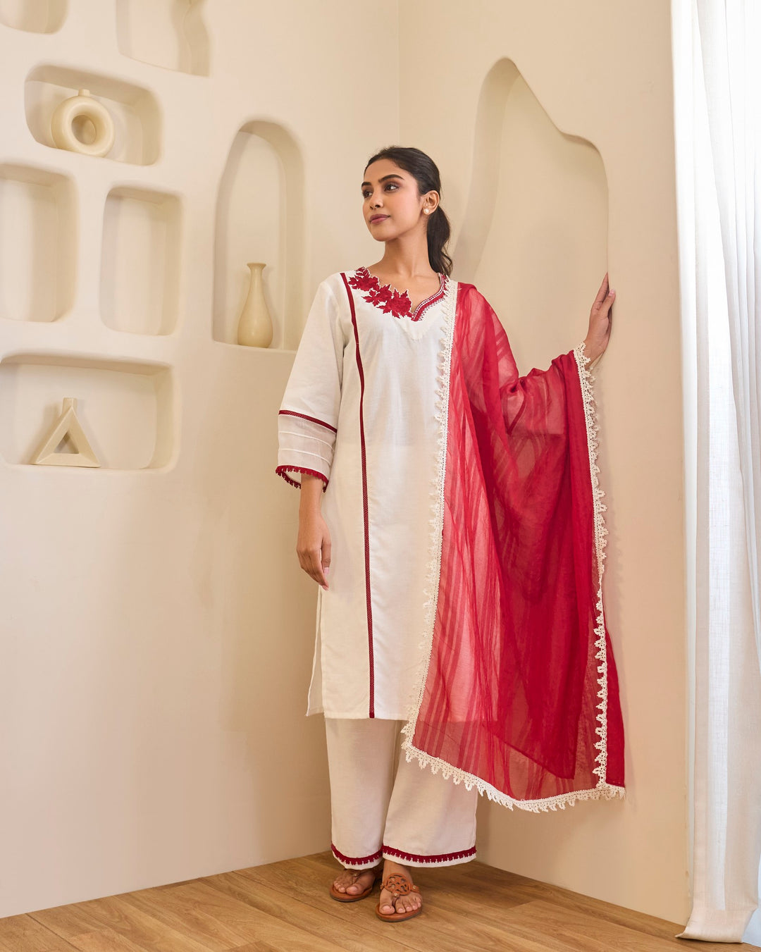 Red Rose Embroidered Khaadi Kurta with Narrow Pants - Set of 2