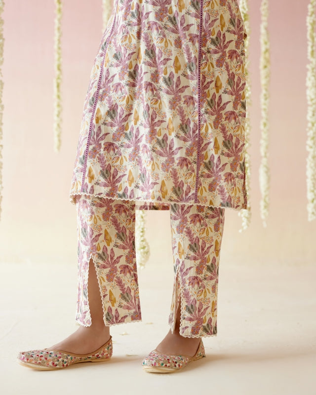 Mauve Floral Kurta with Narrow Pants- Set of 2