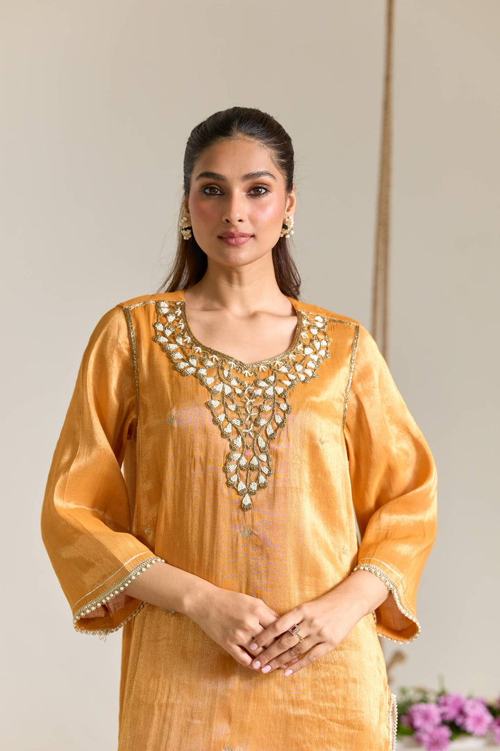 Orange Pearl Zari Embroidered Tissue Kurta Set with Stripe Dupatta - Set of 3