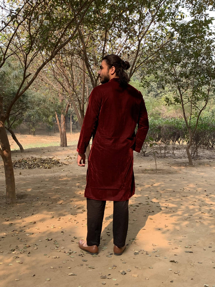 Maroon Oak Embroidered Velvet Kurta with Narrow Pants - Set of 2