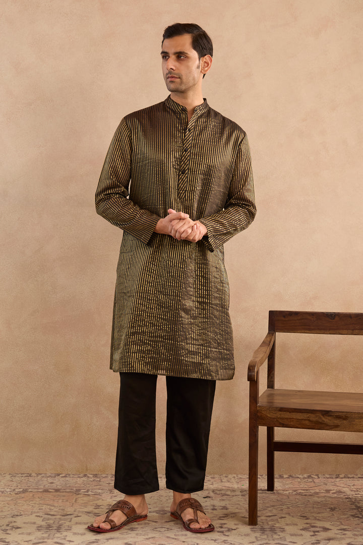 Black Lotus Chanderi Stripe Kurta with Narrow Pants - Set of 2