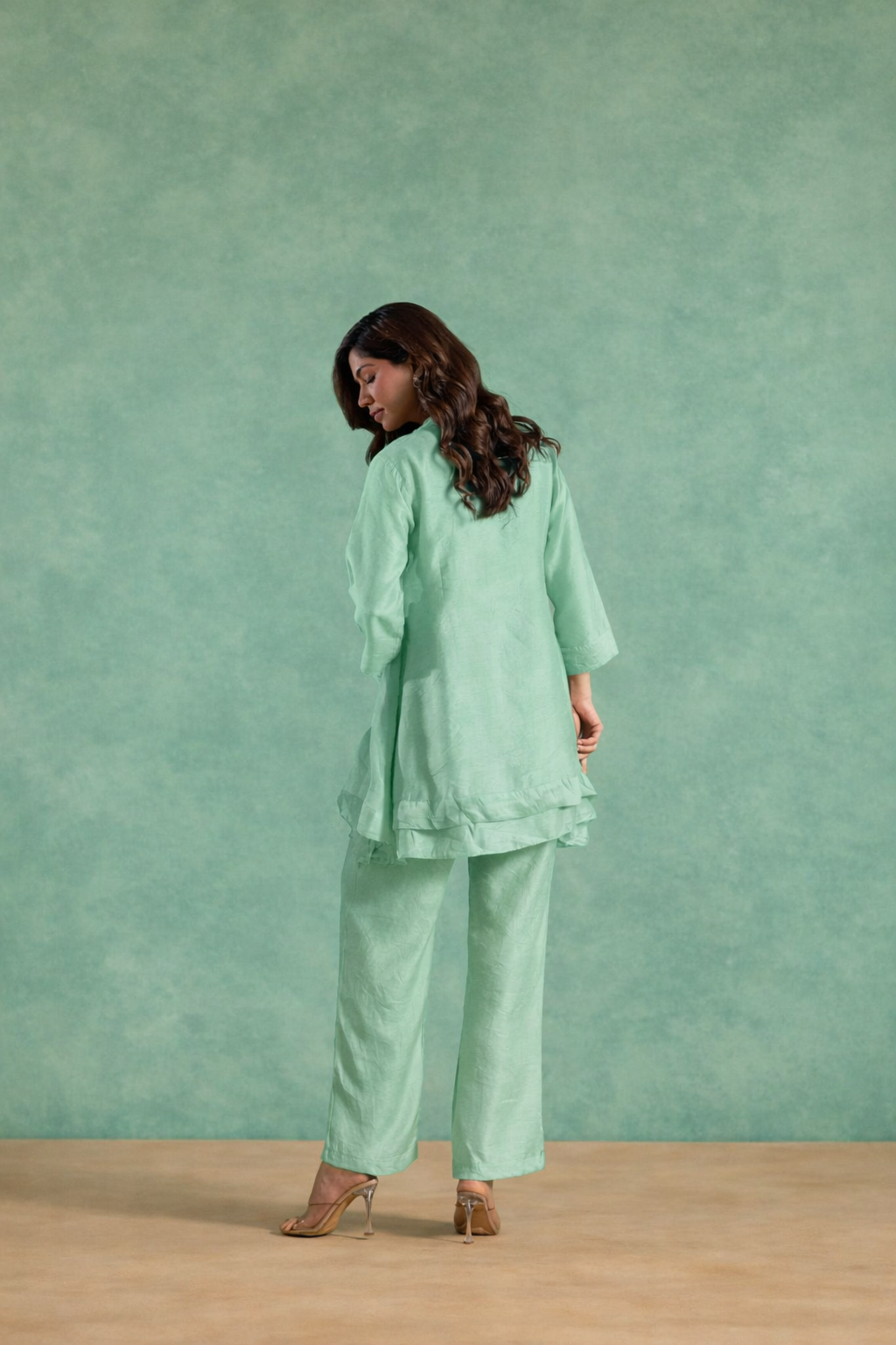 Mint Charm Embroidered Chanderi Kurta with Straight Pants - Set of 2