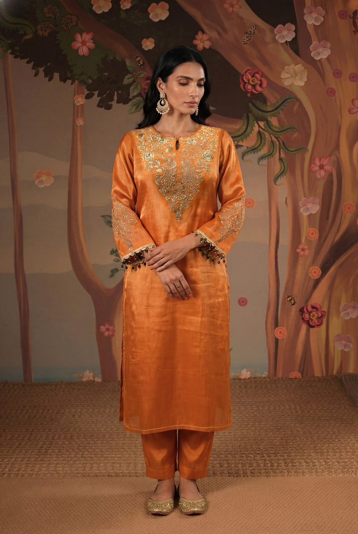 Amber Peacock Zari Kurta with Narrow Pants and Dupatta - Set of 3