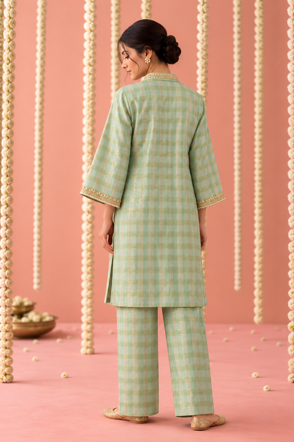 Mint Rose Charm Check Tissue Co-ord Set - Set of 2