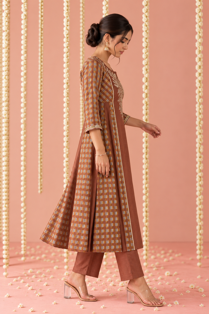 Brown Zari Embroidered Check Tissue Kurta Set with Dupatta - Set of 3