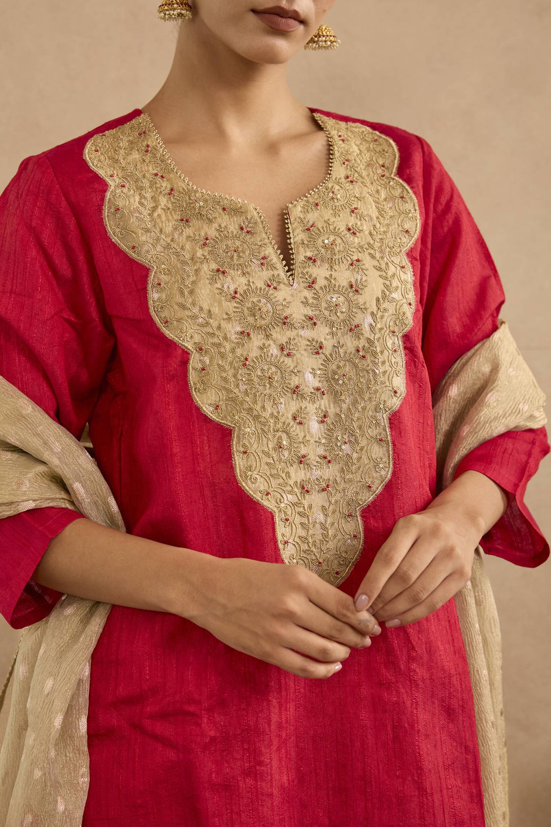 Red Dori Yoke Kurta with Narrow Pants and Embroidered Dupatta - Set of 3