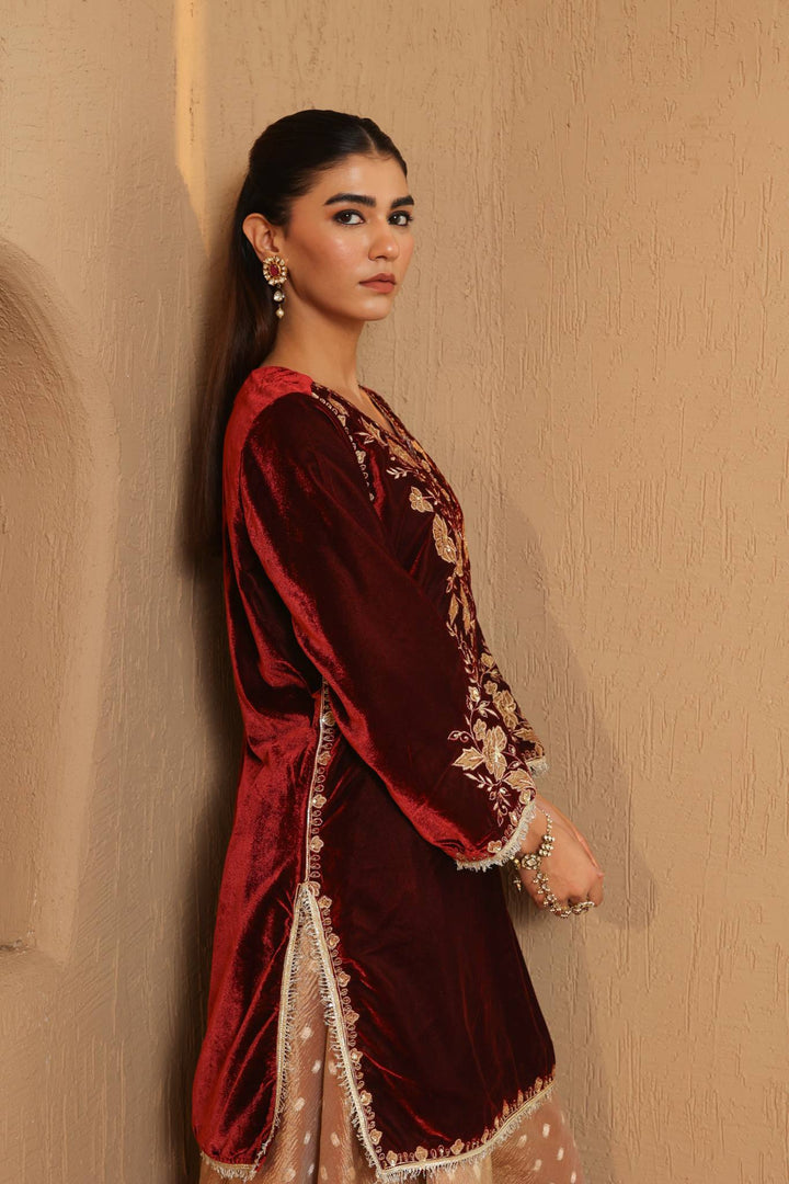Maroon Floral Zari Velvet Kurta with Sharara and Dupatta - Set of 3