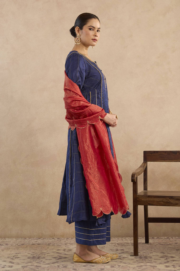 Navy Lotus Embroidered Anarakali with Flared Pants and Dupatta - Set of 3