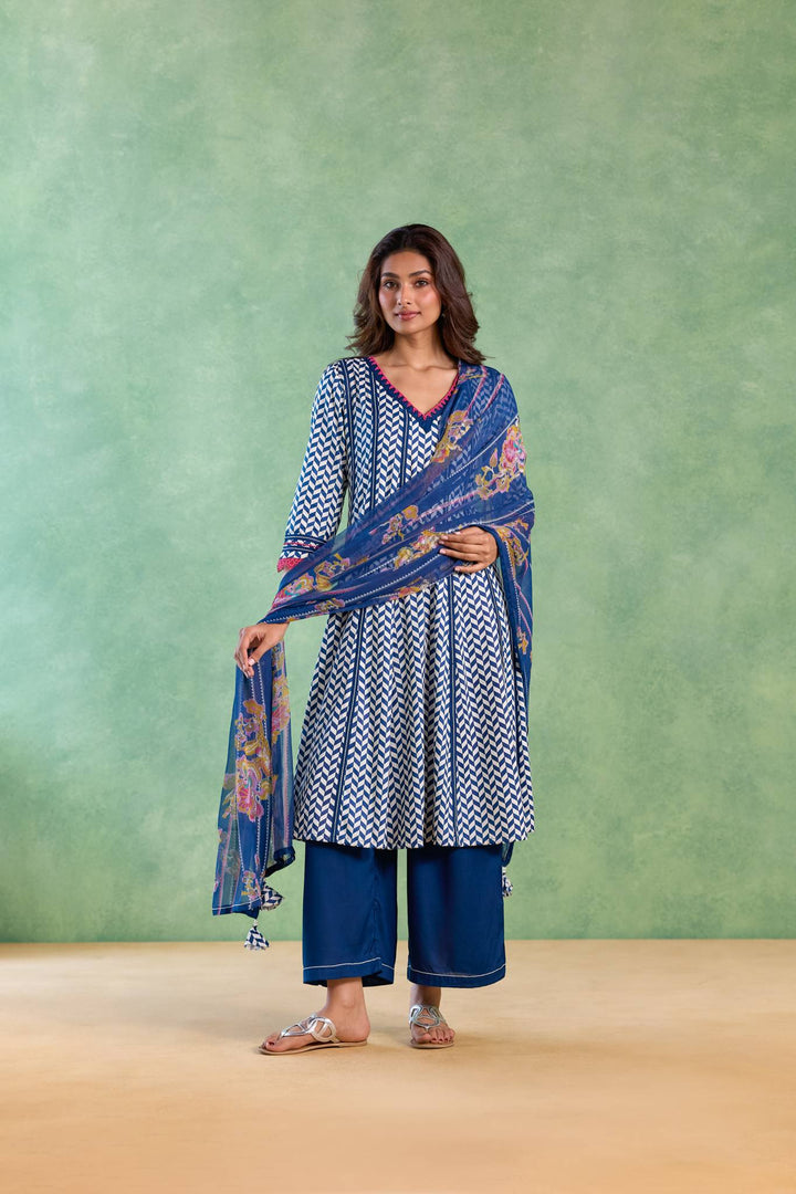 Navy Beaded Chevron Anarkali with Flared Pants and Dupatta - Set of 3