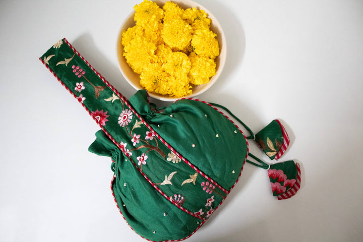 Emerald Lily Embroidered Potli