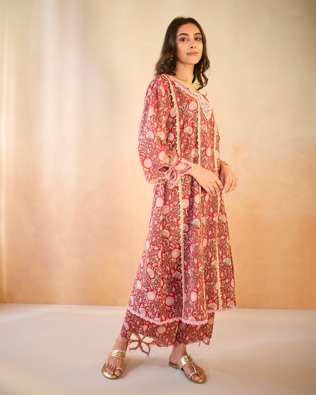 Rosy Chintz Cutwork Kurta with Wide Leg Pants - Set of 2