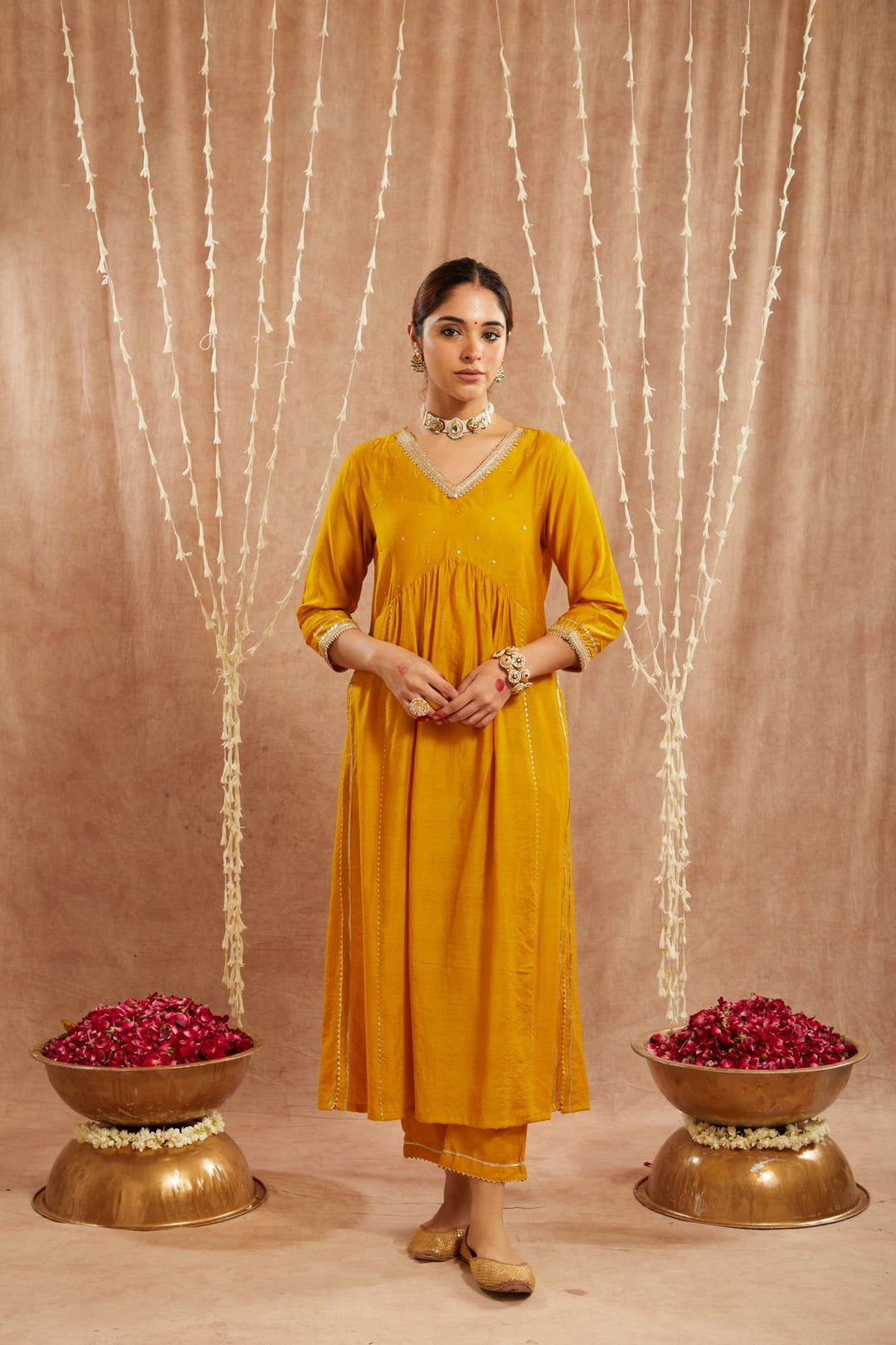 Golden Charm Chanderi Kurta with Narrow Pants and Dupatta - Set of 3