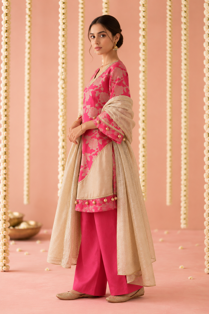 Fuchsia Jaal Chanderi Brocade Kurta Set with Dupatta - Set of 3