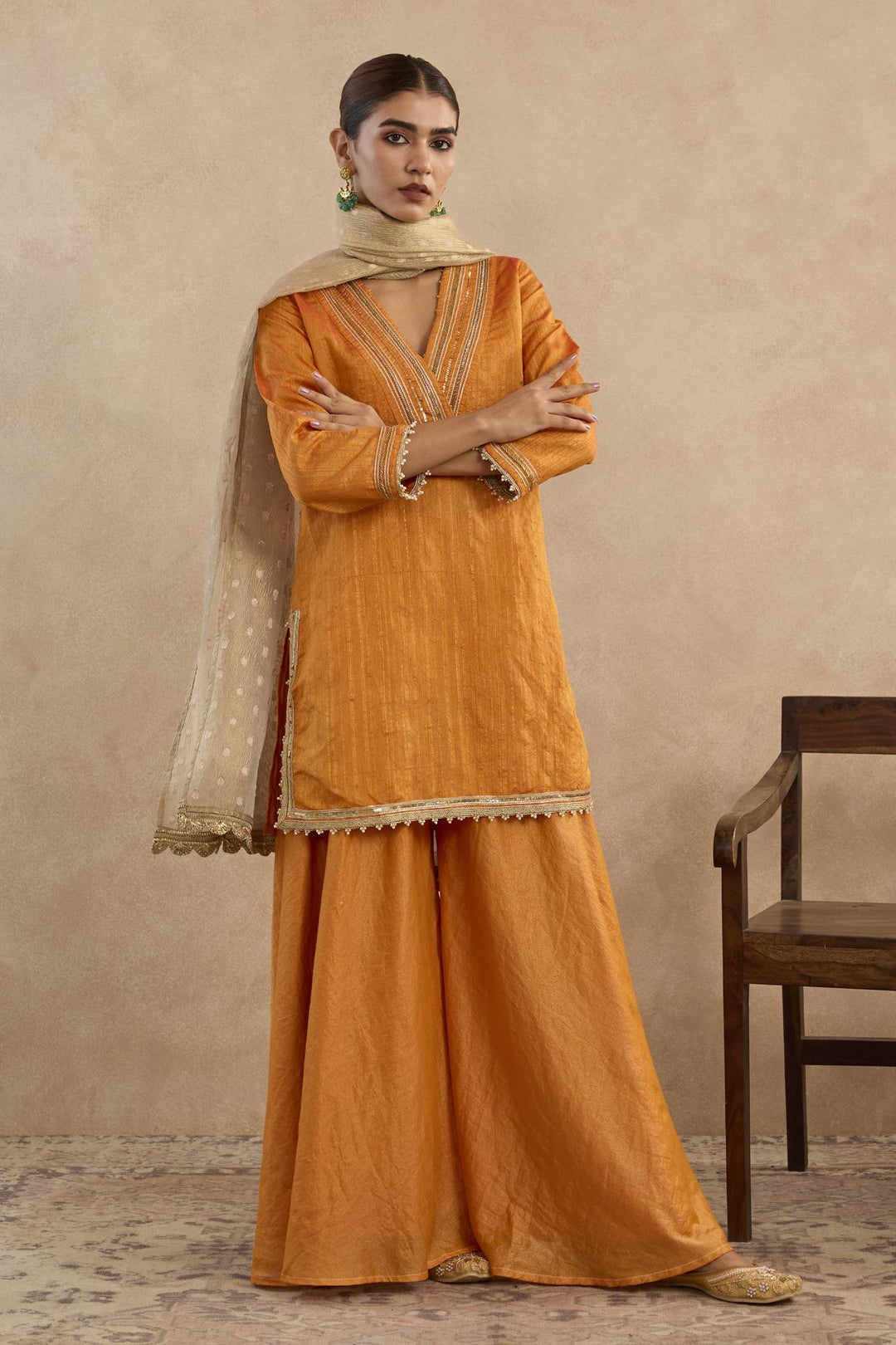 Amber Charm Kurta with Sharara and Tissue Dupatta - Set of 3