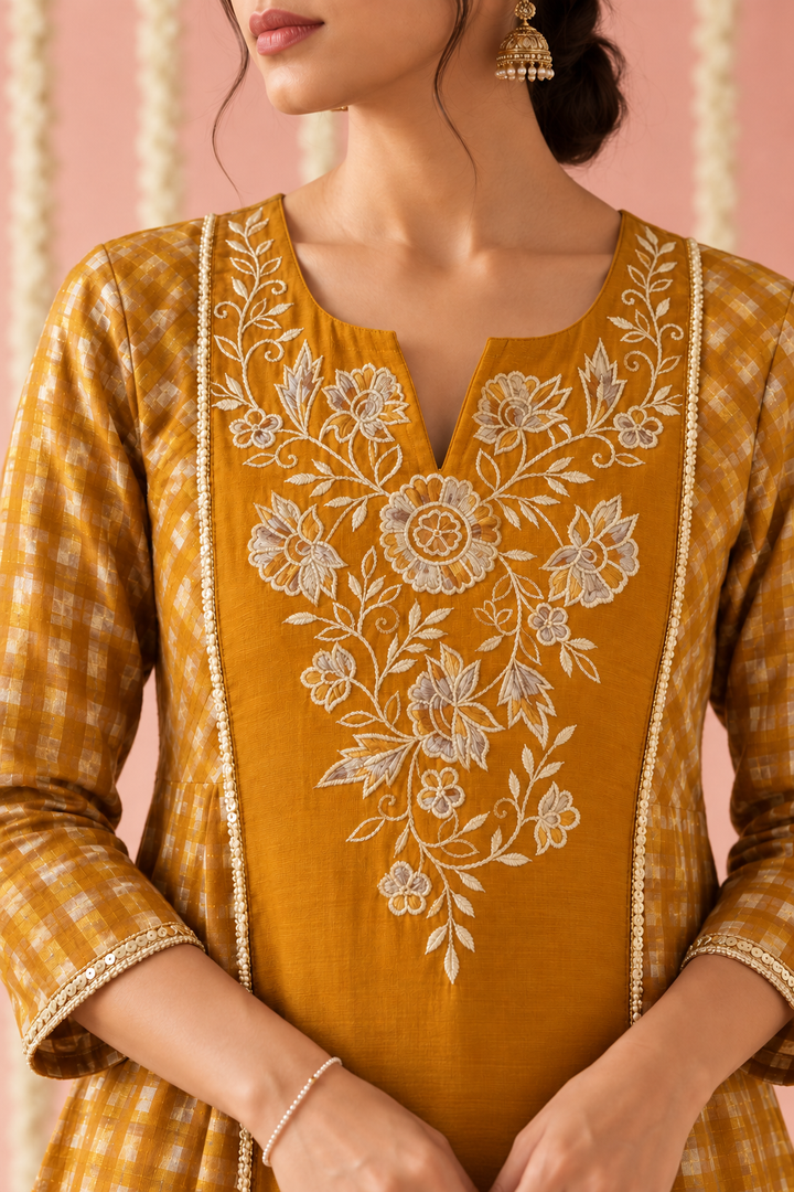 Orange Zari Embroidered Check Tissue Kurta Set - Set of 2