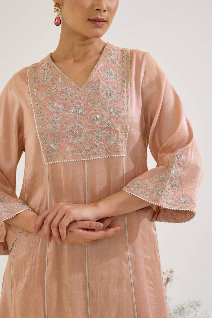 Pink Floral Zari Tissue Anarkali with Narrow Pants and Dupatta - Set of 3
