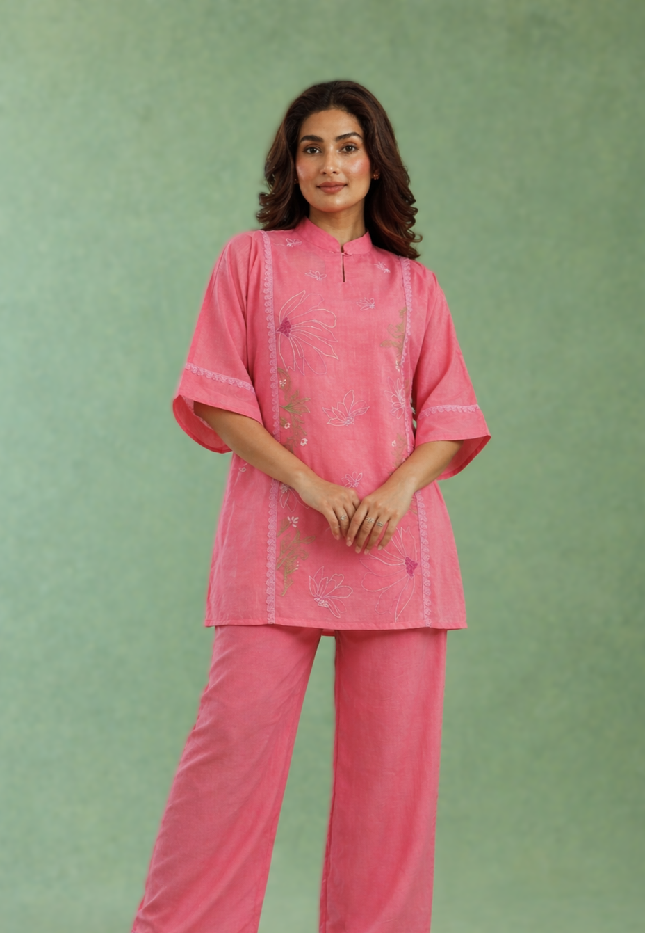 Pink Charm Embroidered Mul Chanderi Co-ord Set