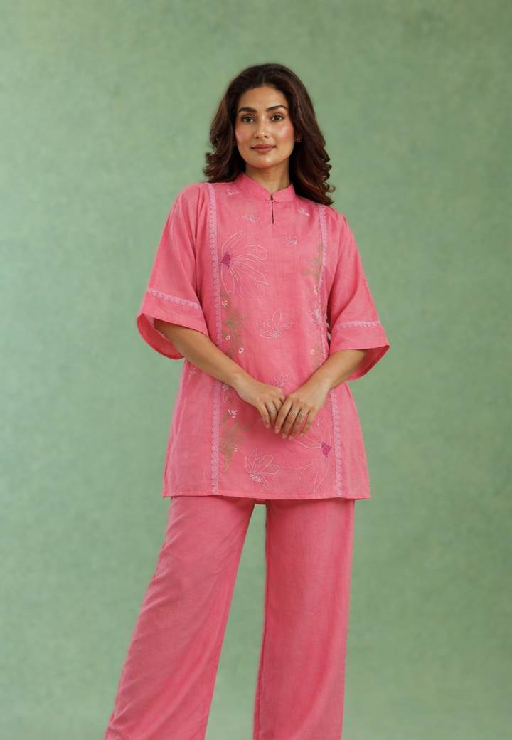 Pink Charm Embroidered Mul Chanderi Co-ord Set