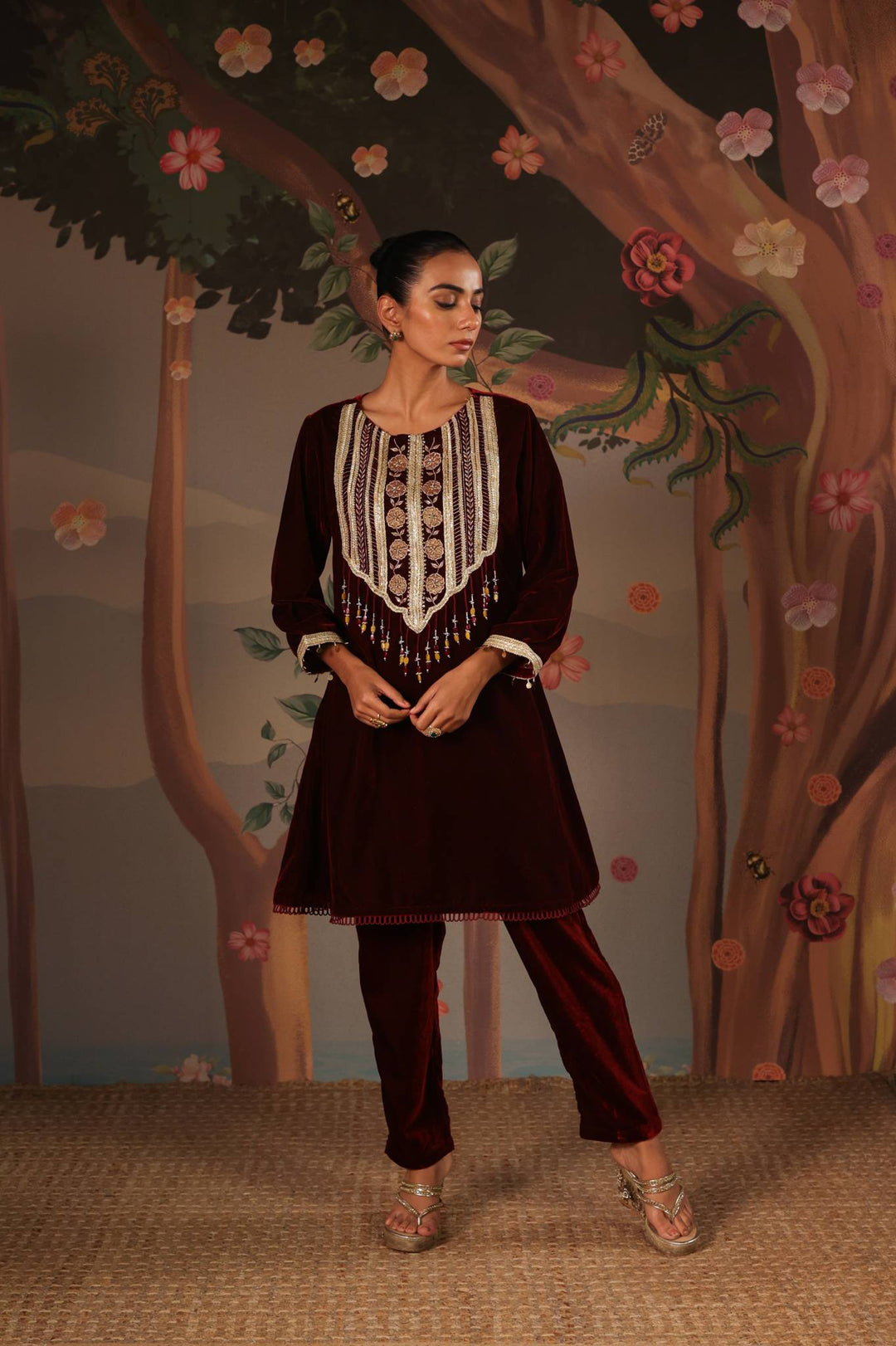 Maroon Petal Beaded Velvet Tunic with Narrow Pants