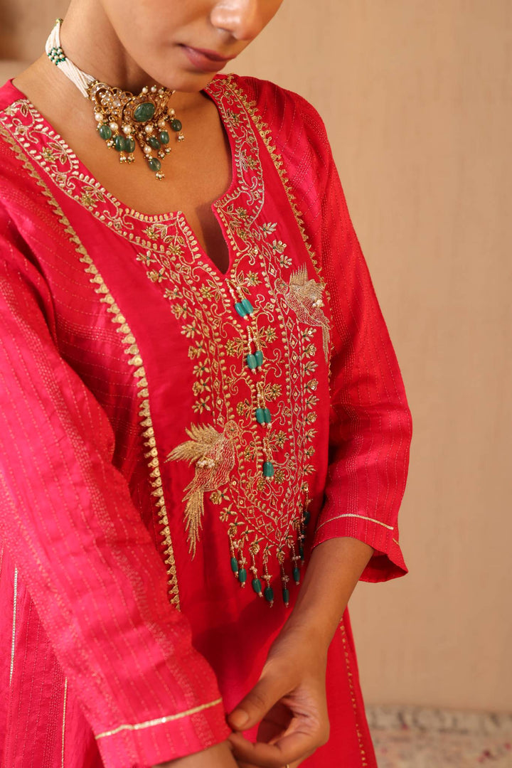 Rosy Fuchsia Anarkali with Flared Pants and Dupatta - Set of 3