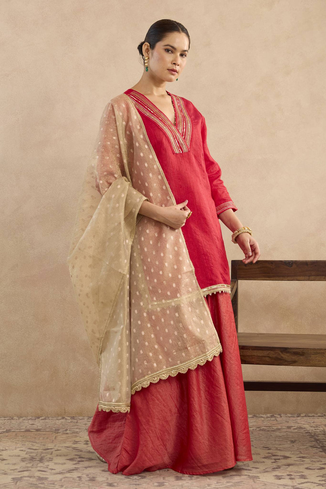 Red Charm Kurta with Sharara and Tissue Dupatta - Set of 3