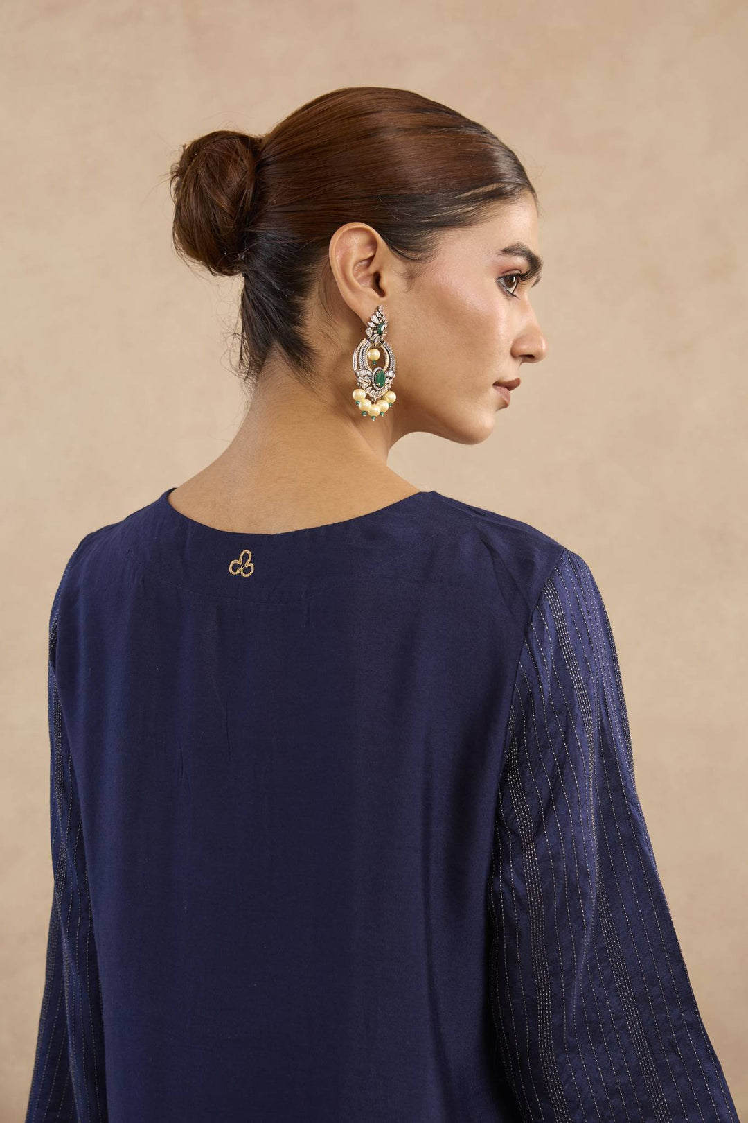 Navy Rose Charm Silk Chanderi Kurta with Narrow Pants - Set of 3