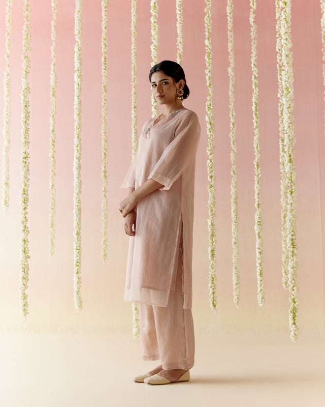 Lotus Pink Kurta with Tissue Slip & Flared Pants - Set of 3