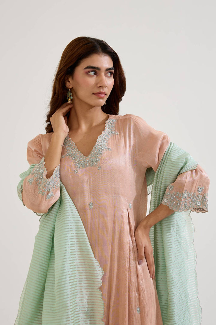 Rose Mint Dori Tissue Kurta with Wide Leg Pants and Dupatta - Set of 3