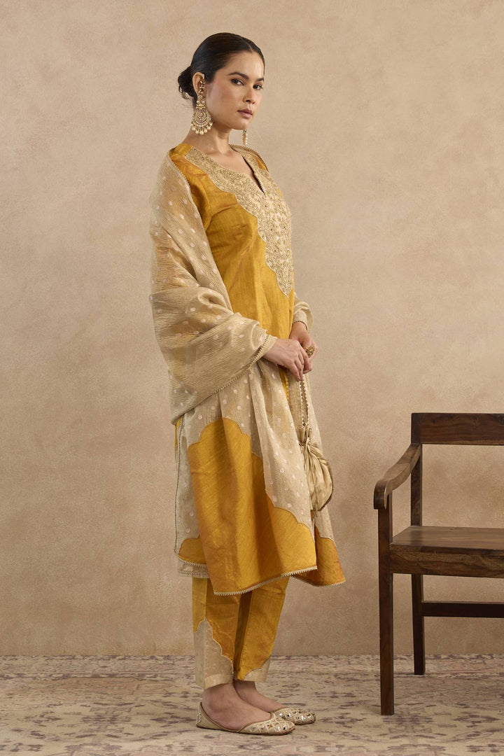 Mustard Dori Yoke Kurta with Narrow Pants and Embroidered Dupatta - Set of 3