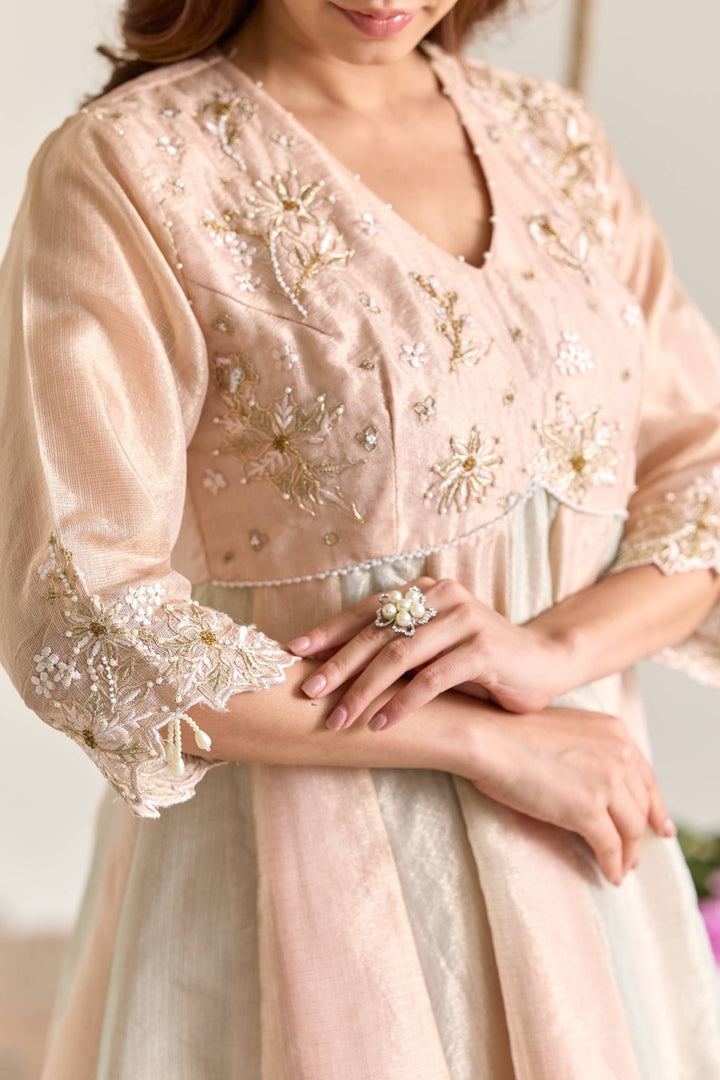 Rose Mint Dori Kota Tissue Anarkali Set with Pearl Dupatta - Set of 3