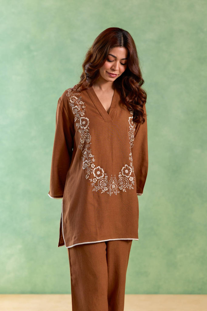 Brown Bloom Embroidered Top